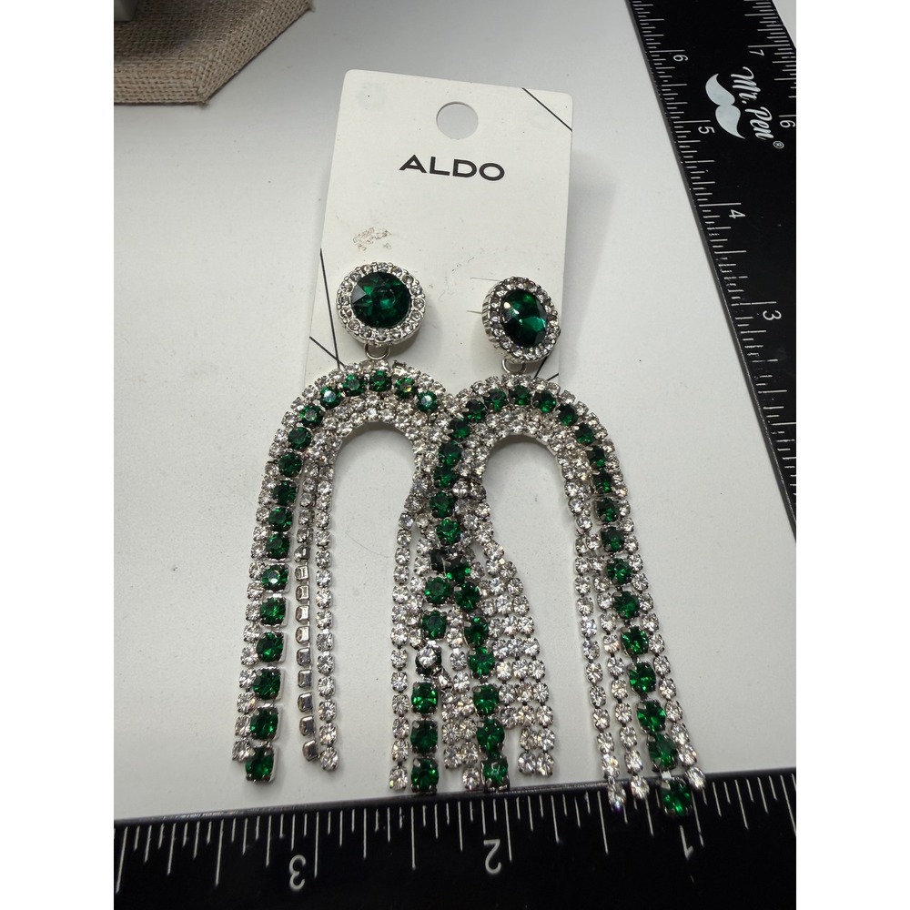Aldo Aloderena‎ Emerald Green Rhinestone Fringe Chandelier Drop Earrings Silver